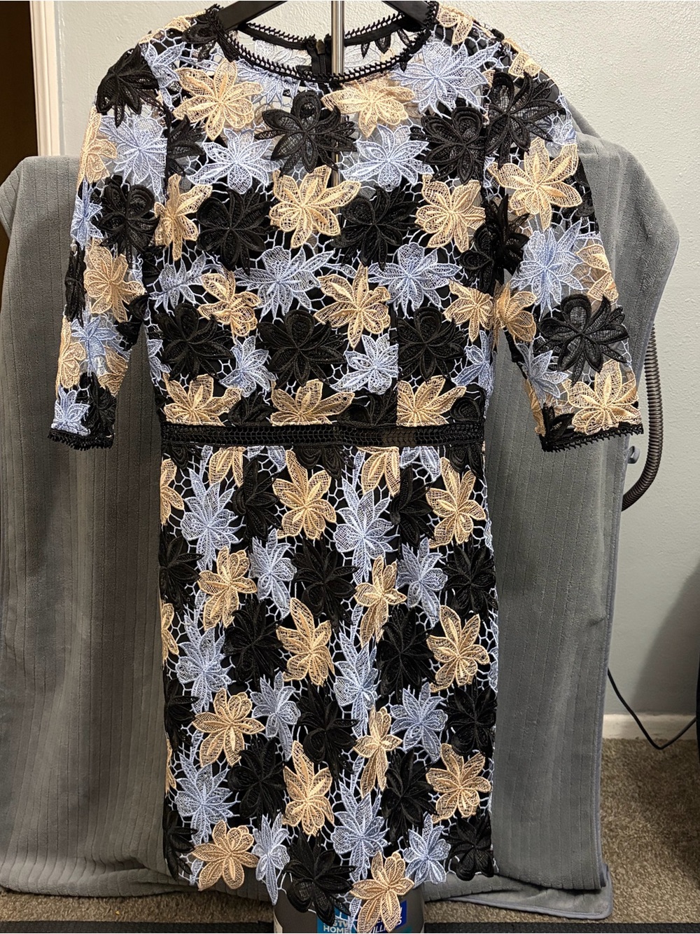 Minuet Petite Embroidered Floral Lace Midi Dress in Black, Beige & Light Blue